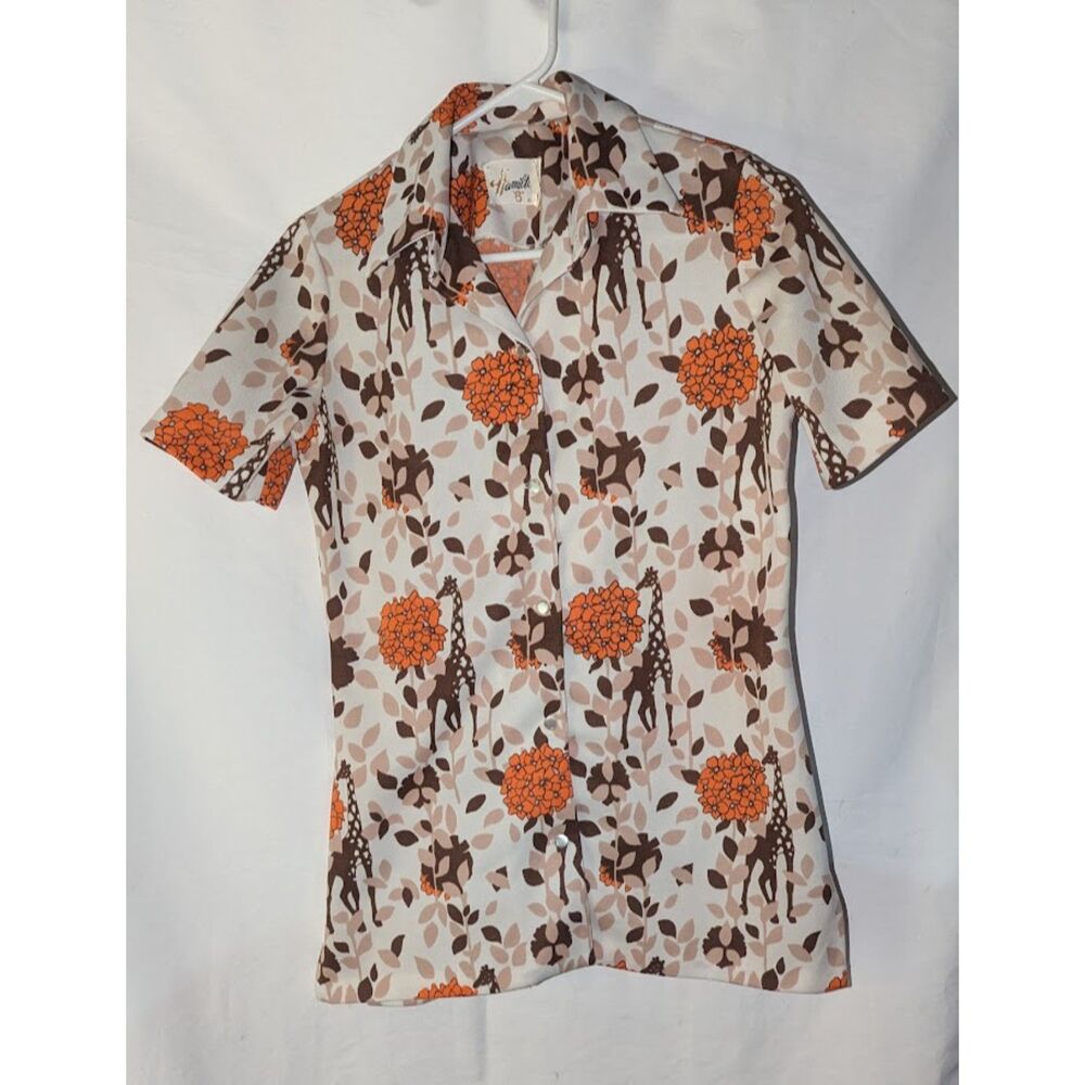 Vtg 70s Hamilton 8 Dallas Giraffe Novelty Print Shirt Scenic Picture Back M
